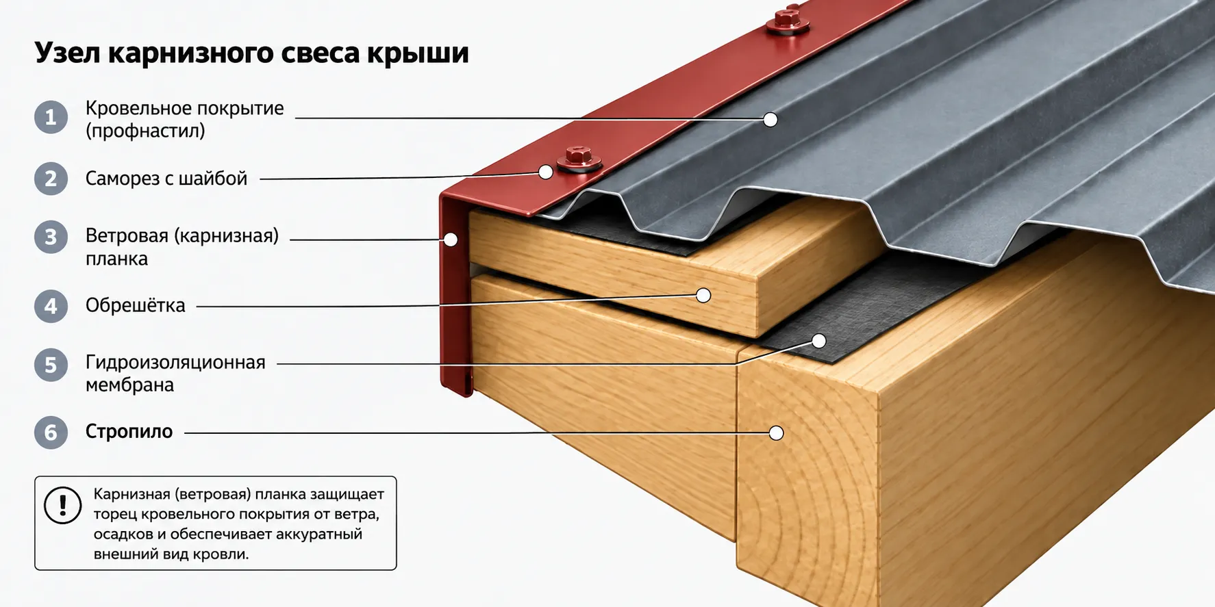 Схема узла торца кровли Схема узла торца кровли: ветровая планка, край покрытия, обрешётка