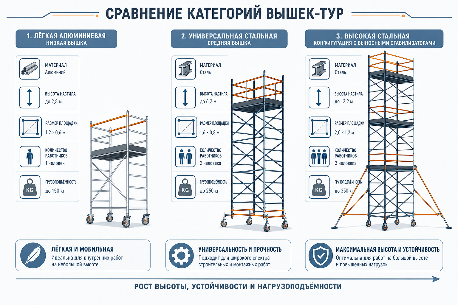 Сравнение категорий вышек-тур Сравнение категорий вышек-тур по высоте и размеру площадки