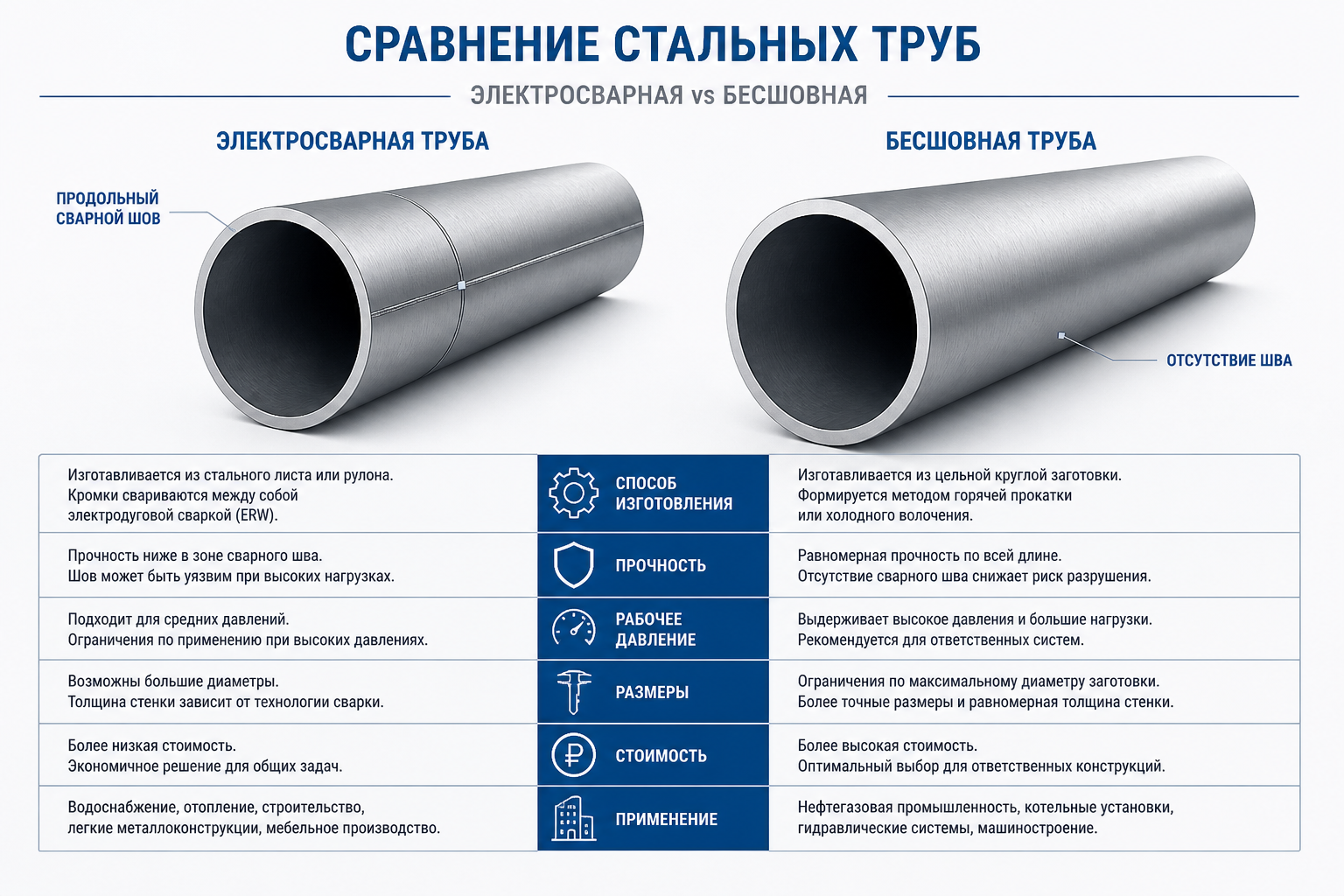 Электросварная и бесшовная труба Сравнение электросварной и бесшовной трубы: наличие шва