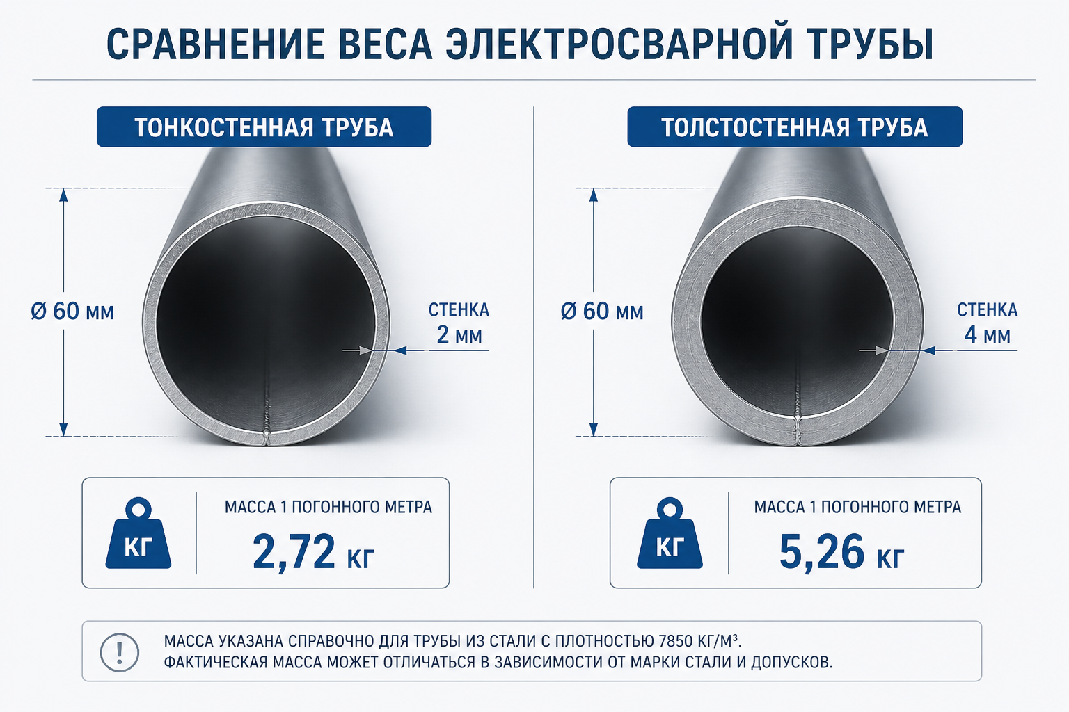 Вес электросварной трубы Сравнение веса тонкостенной и толстостенной электросварной трубы